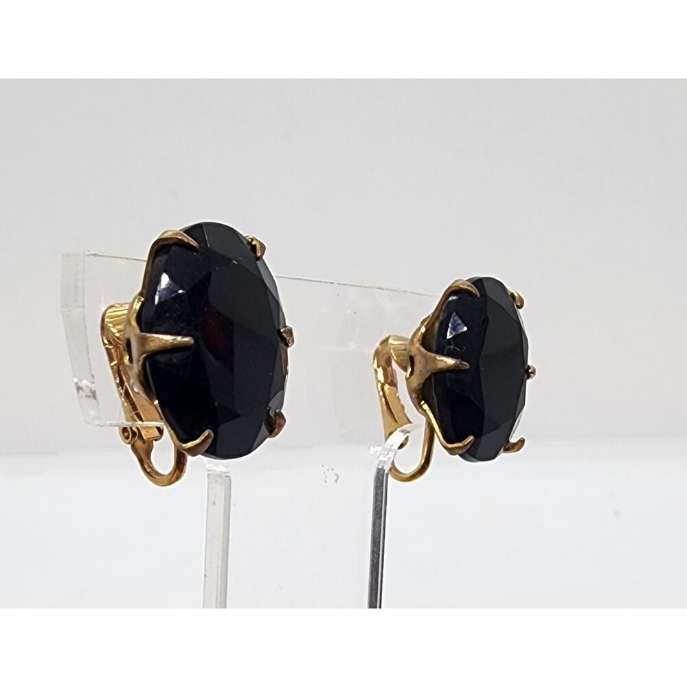 Vintage Big Black Oval Earrings Faceted Glass Stone Gold Tone Clip On 1950s - Picture 2 of 8